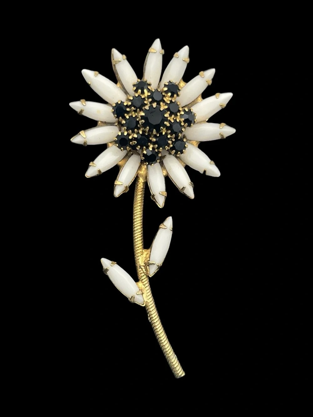 White milk glass black rhinestone daisy flower gold tone brooch pin vintage